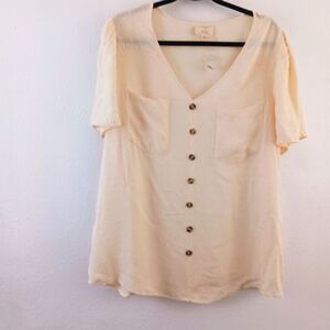 Flower & feathers short sleeve v-neck beige blouse size 2X